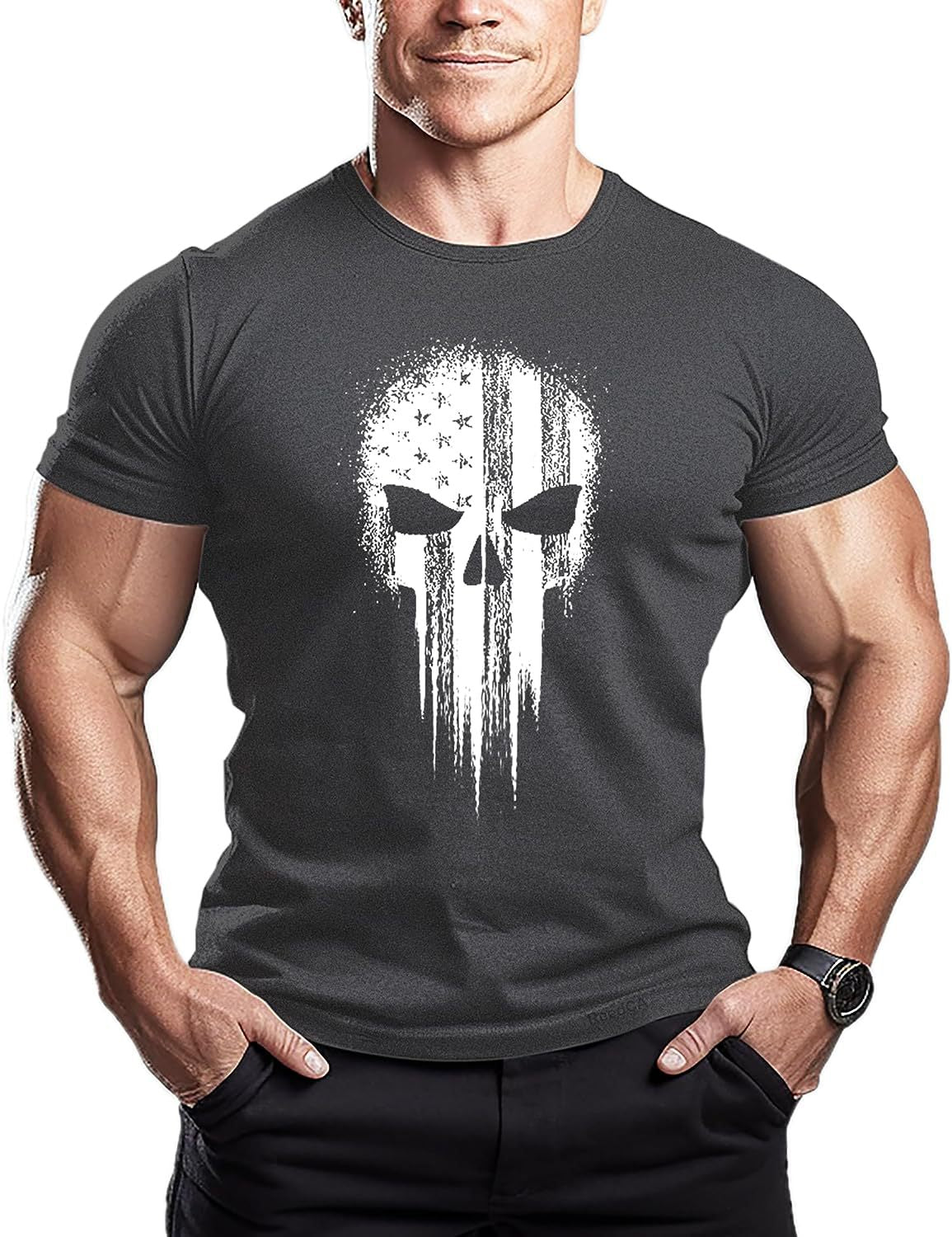 Skull Round Neck Cotton Muscle Workout Body Building  T-shirt Exercise Gym T Shirt