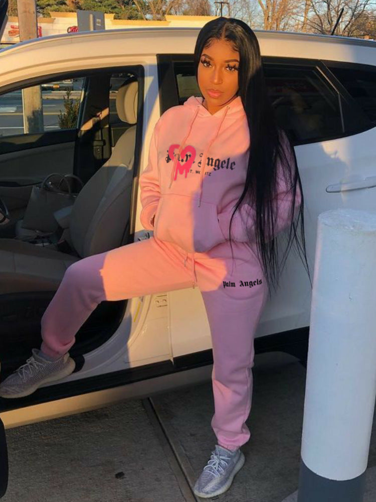 Palm Angel Letter Printing Velvet Tracksuit Set Hoodie Jogger Set