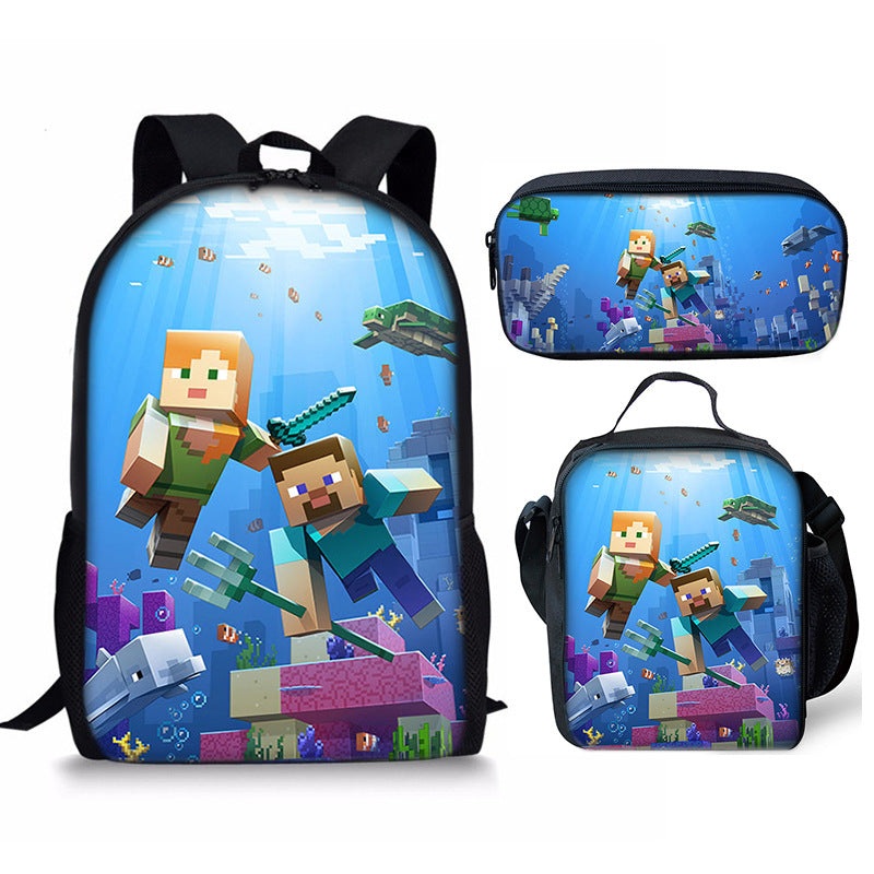 Minecraft schoolbag three-piece set lunch bag pencil case backpack set