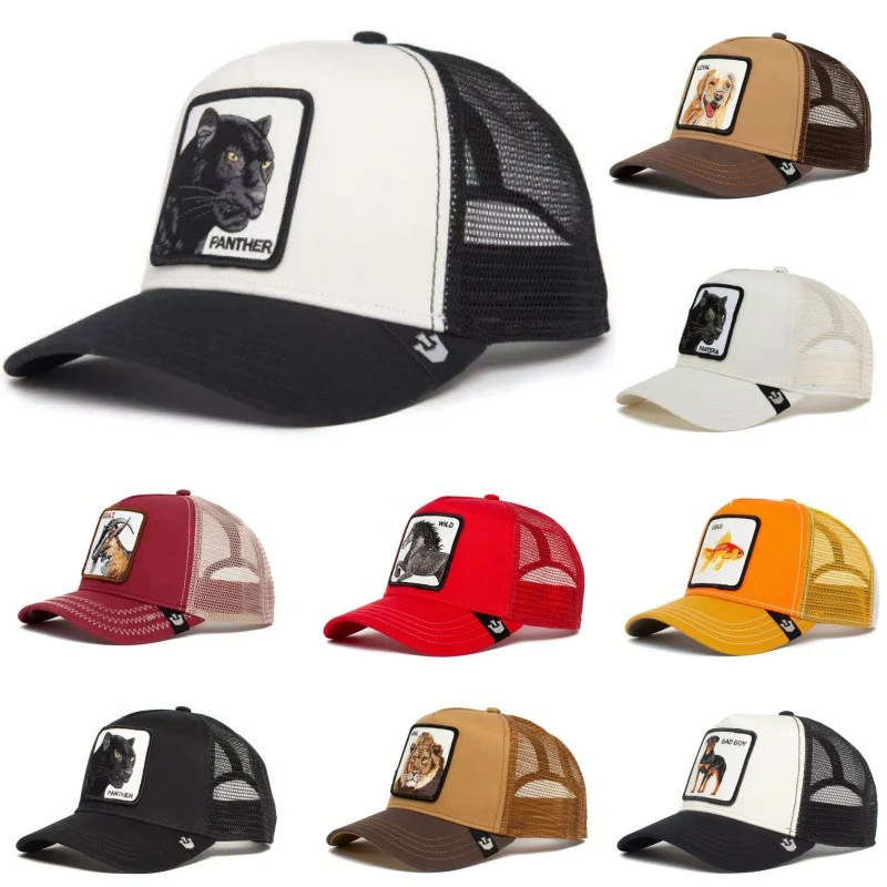 Animal Baseball Cartoon Sunscreen Mesh Cap Embroidery Trucker Black Panther Cock Wolf Hat